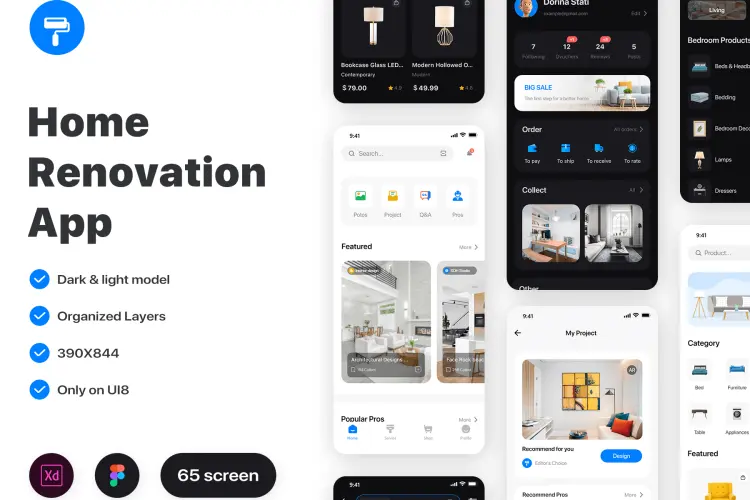 Home Renovation app design  65页室内软装家具布置装潢设计方案app设计明暗UI套件