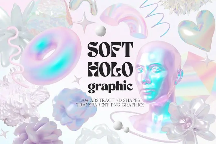 Soft Holo Iridescence 3D Shapes 柔和炫彩时尚全息彩虹渐变梦幻封面创意海报设计webp免扣图形