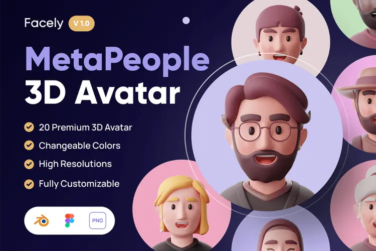 Facely – MetaPeople 3D Avatar 20款创意趣味3D立体卡通人物头像插图插画webp免抠图片设计素材