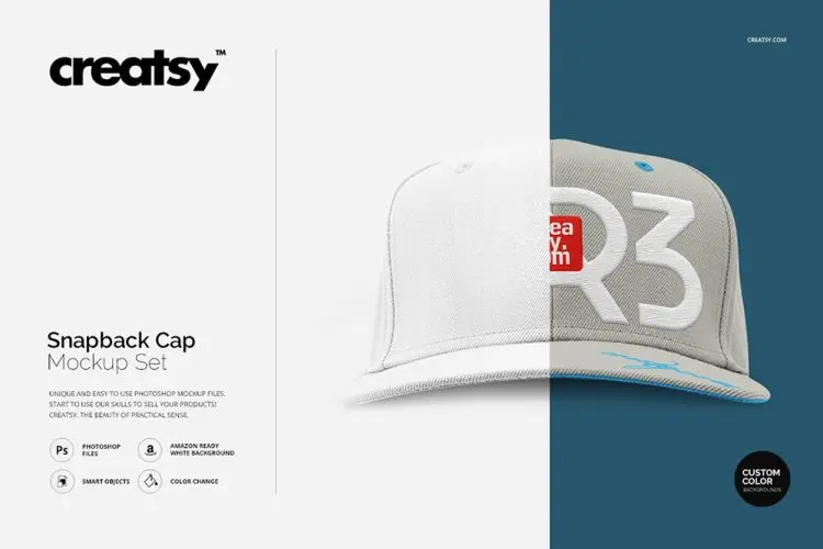 Snapback Cap Mockup Set 棒球帽嘻哈街头平沿帽子logo印花图案设计贴图ps样机素材展示模板