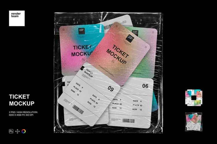 Ticket Mockup 潮流透明塑料薄膜包装纸门票入场券设计贴图ps样机素材展示模板