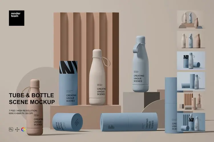 Tube and Bottle Mockup Set 极简北欧保温杯展示台产品包装设计作品贴图ps样机素材展示效果