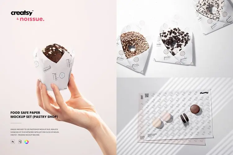 Food Safe Paper Mockup Set (pastry) 食品下午茶糕点面包包装纸印花图案设计贴图ps样机素材国外设计模板