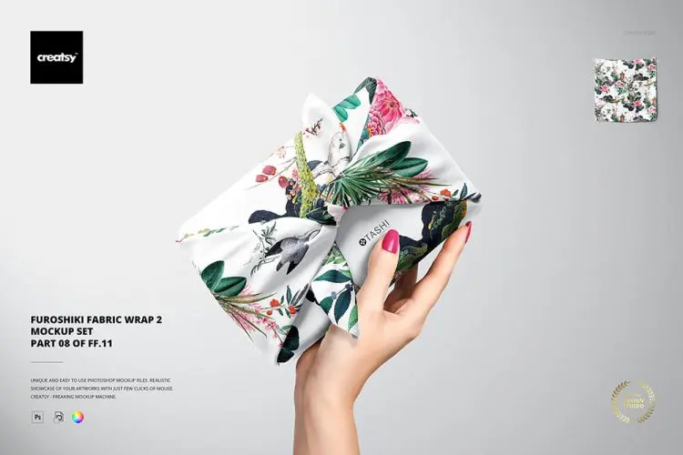 Furoshiki Fabric Wrap 2 Mockup Set 手持日式和风布艺绸缎礼品包装印花设计贴图ps样机素材展示模板