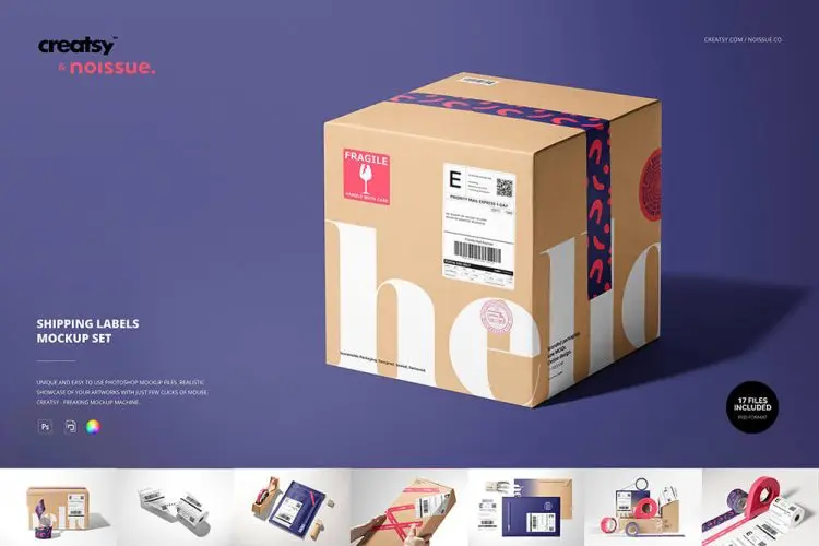 Noissue shipping labels mockup 17款快递包裹打包盒胶带纸箱包装盒设计贴图ps样机国外设计素材模板