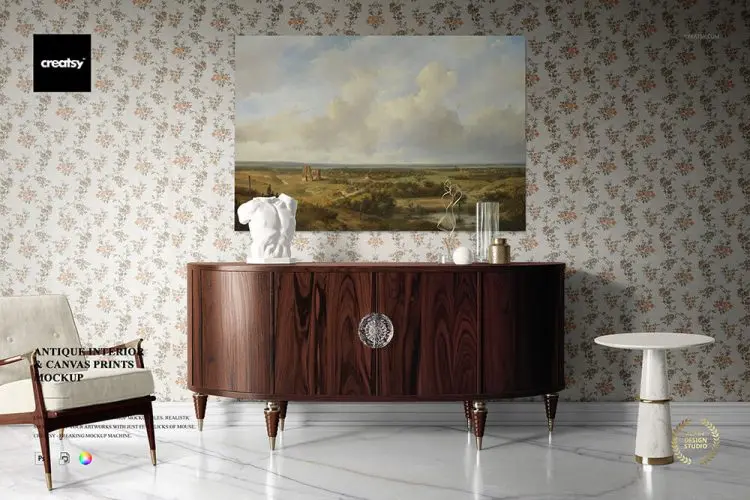 Antique Interior Canvas Print Mockup 北欧极简复古客厅无边框帆布画油画挂画ps样机素材国外设计模板