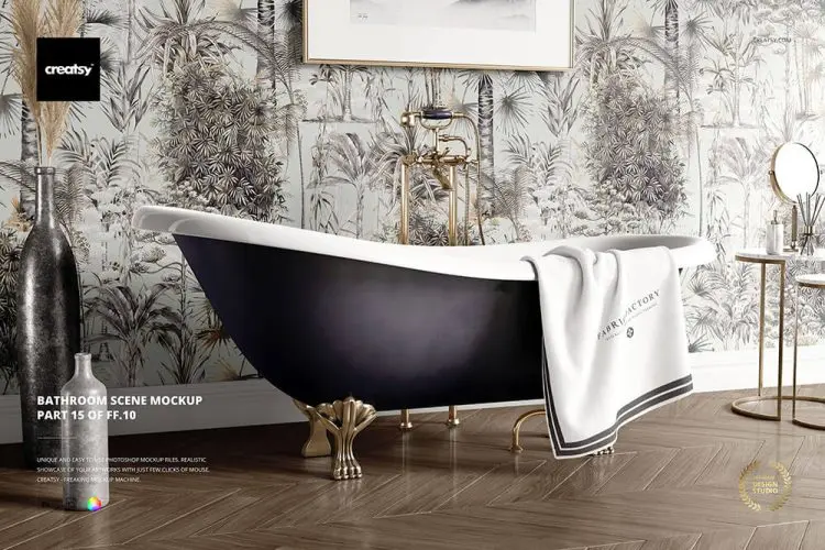 Bathroom Scene Mockup (15/FFv.10) 欧式轻奢简欧浴室浴缸室内设计贴图ps样机素材场景展示效果模板