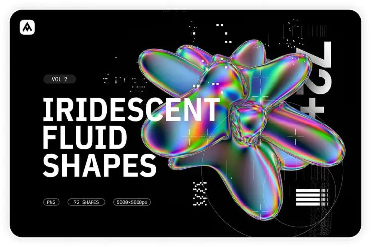 Iridescent fluid 3D shapes pack 72款艺术抽象金属镭射全息虹彩气泡液体蠕动webp免抠背景底纹图片素材