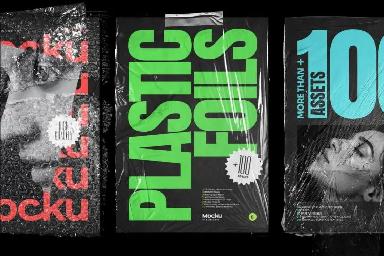 Plastic textures bundle 50款褶皱塑料袋塑封袋纹理金属胶带黑白纸胶带样机PNG免扣图片设计素材