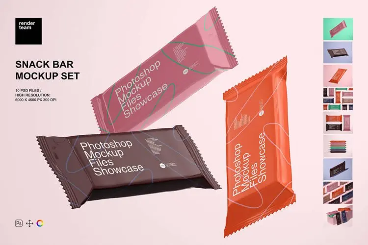 Snack Bar Mockup Set 巧克力威化能量棒零食产品包装设计作品贴图ps样机素材展示效果