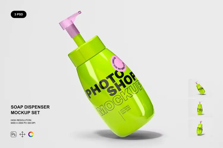 Soap Dispenser Mockup Set 3 PSD洗手液皂液按压瓶泵瓶logo设计贴图ps包装样机国外设计素材