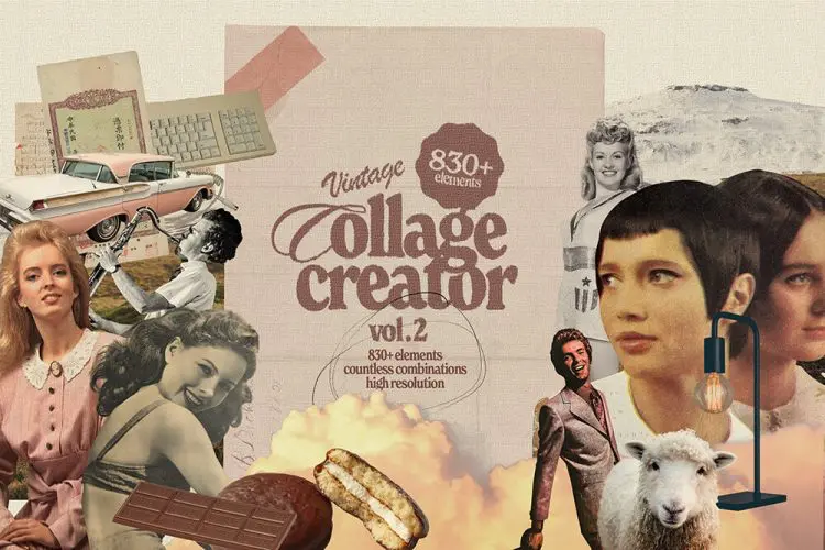 830+ PNG Vintage Collage Creator v.2 830多款复古人物风景动物食物花卉涂鸦剪纸拼贴画webp免抠图片素材