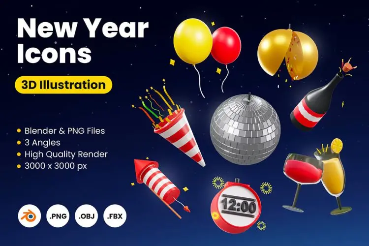 3D New Year Icons 10款3D立体趣味卡通新年春节跨年庆典插图webp免抠图片设计素材