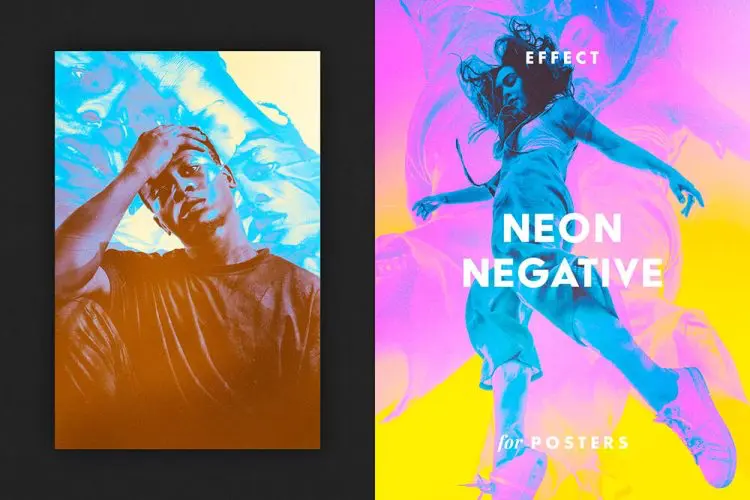 Neon Negative Effect for Posters 竖版潮流复古街头故障风叠印错位迷幻图像照片滤镜ps样机特效模板