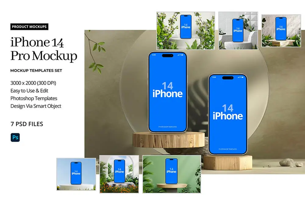 iPhone 14 Pro Mockups 7款iPhone 14 Pro手机设备模型设计贴图ps数码样机国外设计素材