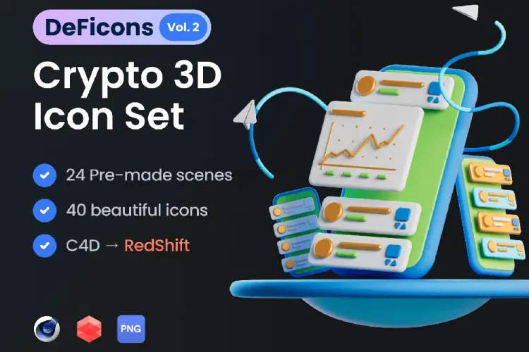 DeFicons vol. 2 – Crypto 3D Icon Set 3D金融加密货币应用程序立体等距视图icon图标合集c4d源文件