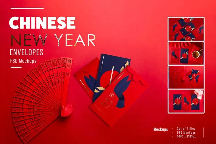Chinese New Year Envelope Mockups 4款中国新年春节信封红包设计作品贴图ps样机素材场景展示效果图
