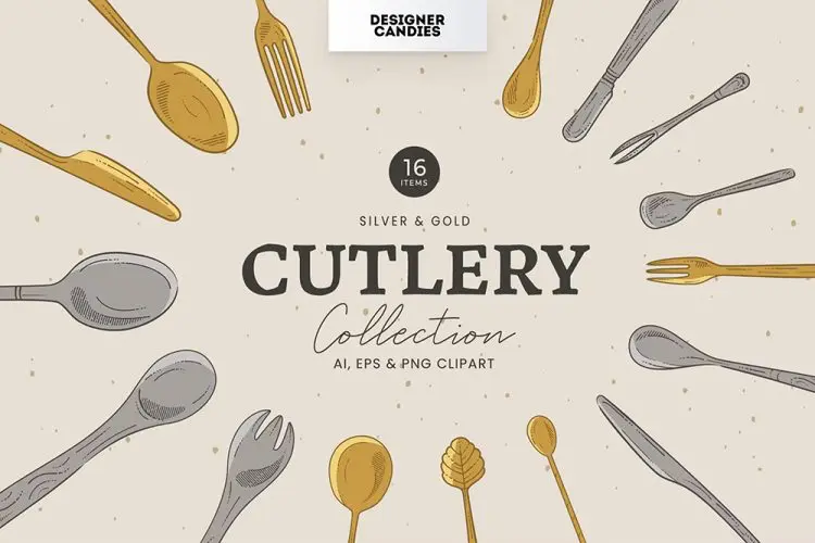 Cutlery Illustrations 餐刀餐叉汤勺西式餐具手绘矢量剪切图插图插画设计webp免抠图片设计素材
