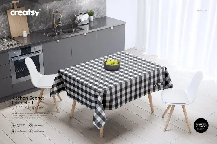 Kitchen Scene PVC Tablecloth Mockup 北欧极简厨房餐厅桌布台布印花图案设计贴图ps样机素材国外设计模板