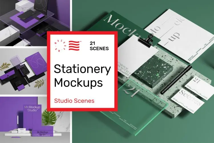 Stationery Mockups 21款质感文具名片信纸信封品牌vi应用设计作品贴图ps样机素材模板