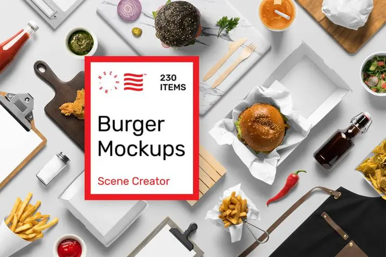Burger Mockups – Scene Creator 美式快餐汉堡薯条厨房烹饪品牌包装vi应用设计作品贴图ps样机素材