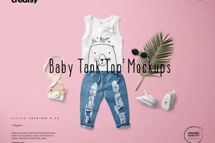 Baby Tank Top 2 Mockup Set 儿童夏季T恤背心服饰搭配样机俯视效果展示样机智能贴图psd模版