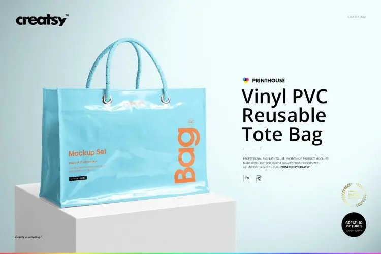 Vinyl PVC Reusable Tote Bag Mockups 潮流PVC漆皮塑料潮牌拎袋手提袋空白贴图ps样机素材国外设计模板