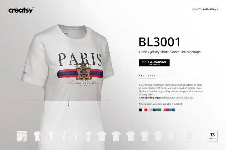 Bella Canvas 3001 Unisex Jersey Short Sleeve Tee (women version) Mockup Set 女性T恤多角度模拟效果展示样机mockup智能贴图psd设计素材模版
