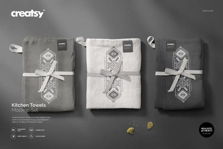 Kitchen Towels Mockup Set 厨房毛巾抹布百洁布包装印花图案设计贴图ps样机素材展示效果模板