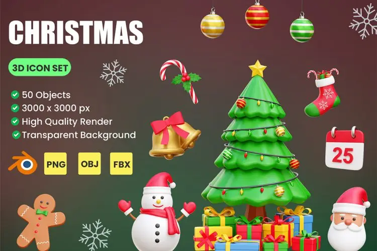 Christmas 3D Icon Illustrations 50款萌趣卡通3D立体圣诞节新年icon图标插图插画webp免抠设计素材