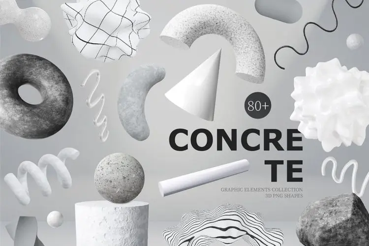 Concrete Brutal 3D Shapes graphics 抽象艺术3D立体侘寂水泥岩石混凝土扭曲几何图形webp免抠图片素材