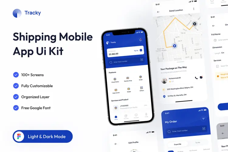 Tracky – Shipping Mobile App 100屏物流快递应用app界面设计交通运输APP UI设计明暗主题