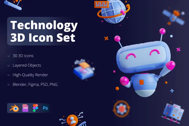 3D Technology Icon Set 30款Ai智能设备机器人科技技术展示3D立体icon图标webp免抠图设计素材