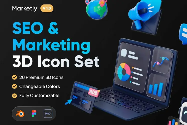 Marketly – SEO & Marketing 3D Icon Set 20款3D立体卡通搜索引擎优化市场营销webp免抠icon图标设计素材