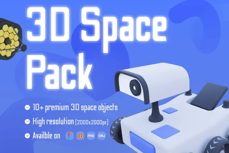 3D Space Pack 10款3D立体望远镜地球月球航天飞机图标Icons设计素材合集