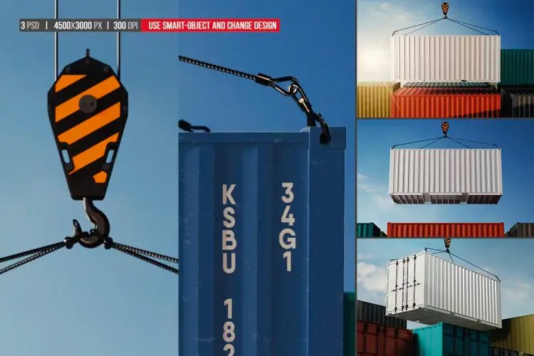 Hanging Shipping Container Mockup 3款码头吊装货运集装箱涂装设计贴图ps样机素材场景展示效果图
