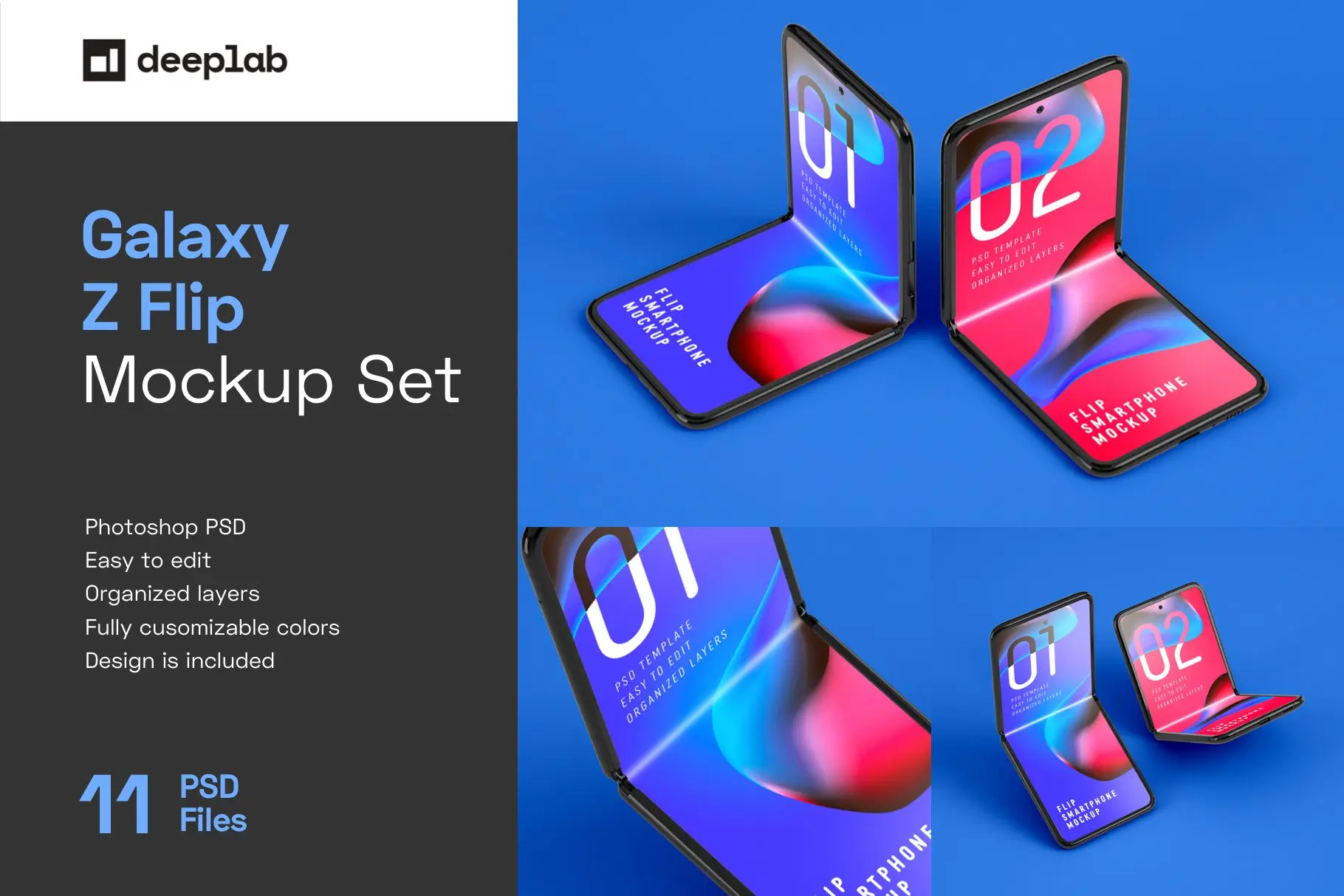 Galaxy Z Flip Mockup Folding Phone Galaxy Z三星折叠屏智能手机ui界面设计贴图ps样机素材展示模板