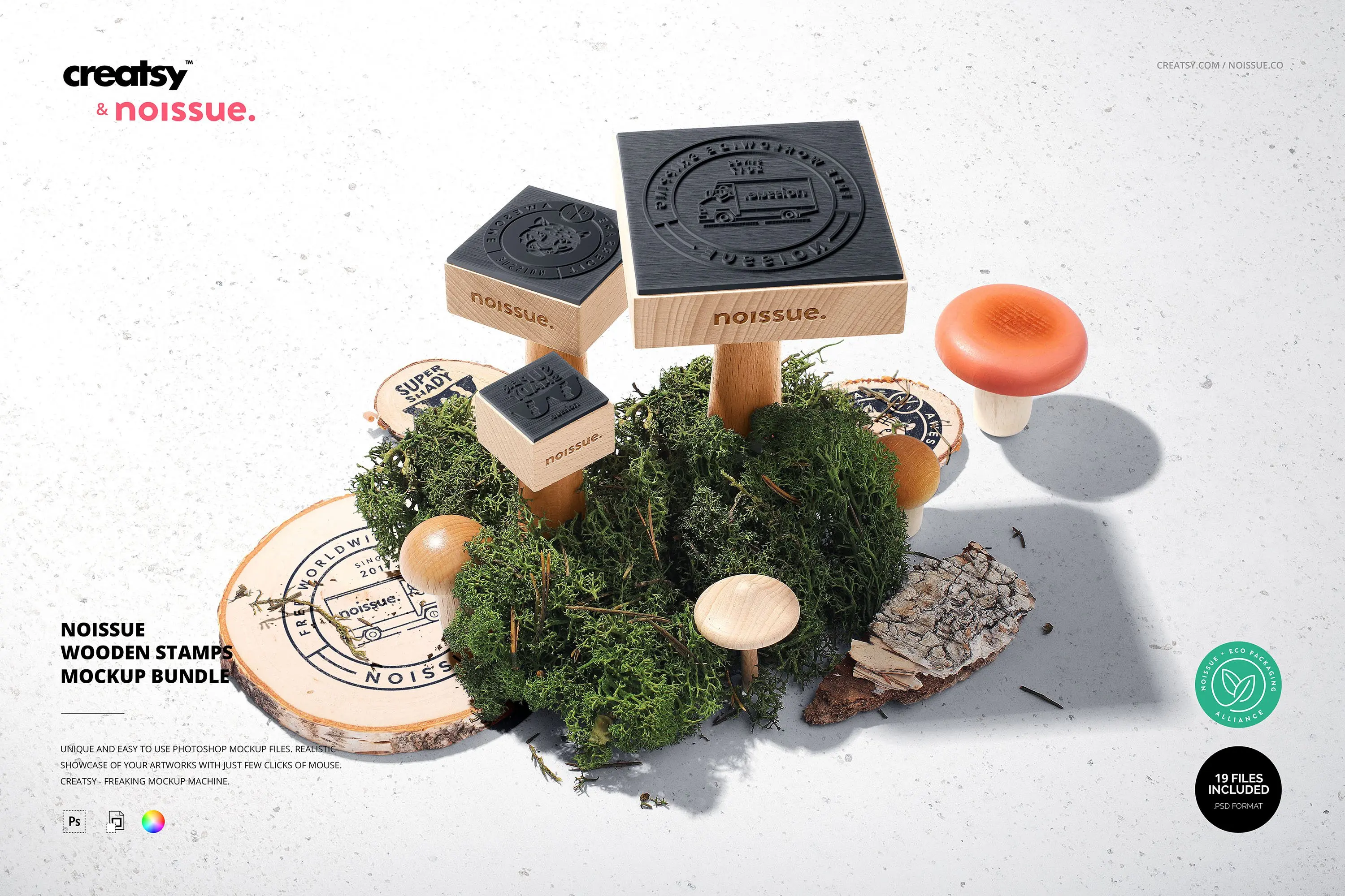 Noissue Wooden Stamps Mockup Set 复古木质邮戳logo手账印章文创文具ps样机素材场景展示效果模板