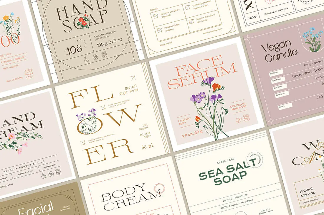 Floral Label Collection 复古时尚经典花卉美妆香薰标签贴纸产品包装排版设计ai版式素材