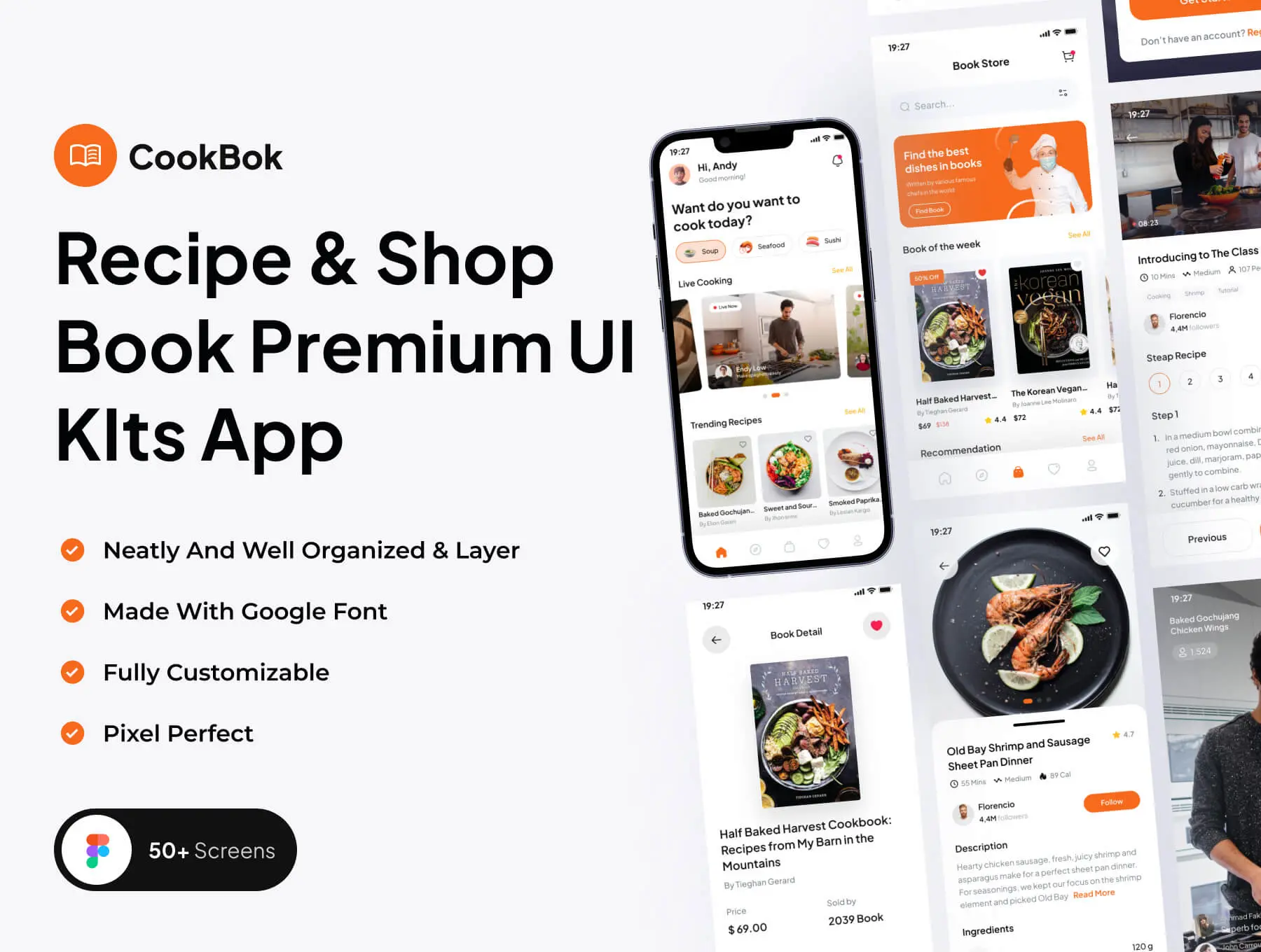 CookBok – Recipe & Book Store Premium UI KIts App  50屏美食菜谱烹饪在线视频教学用户界面app设计ui套件模板