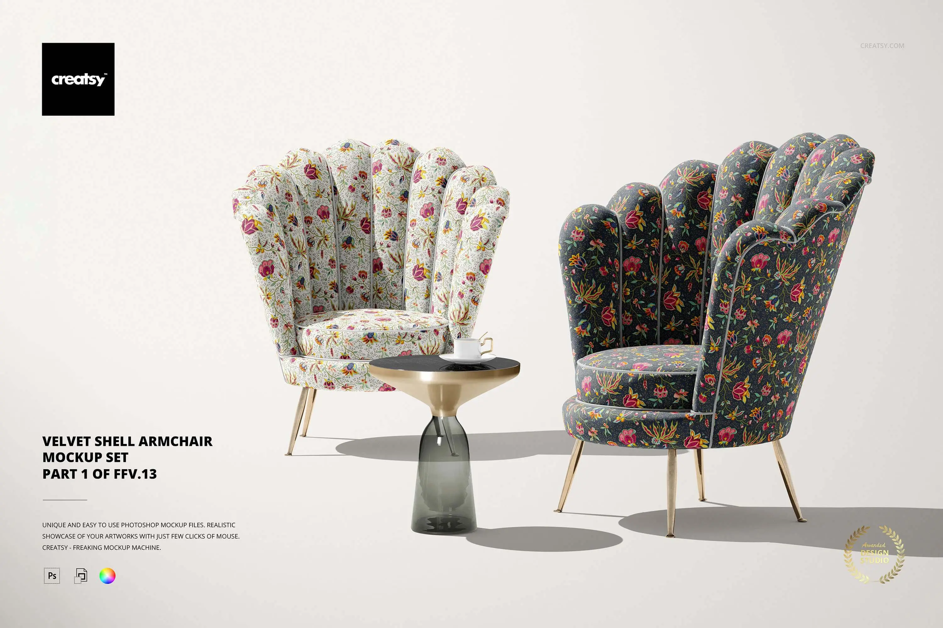 Velvet Shell Armchair Mockup Set 设计师轻奢沙发单人扶手椅子印花设计贴图ps样机素材展示效果模板