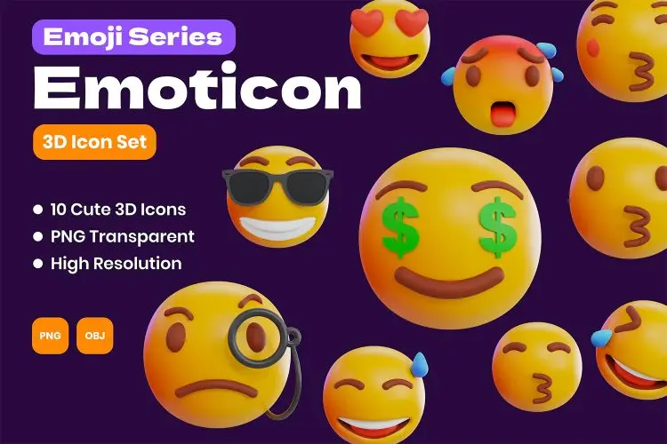 3D Emoticon Illustration 10个可爱趣味Emoji表情3D图标icon设计素材webp免抠图片