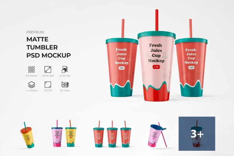Matte Plastic Tumbler Cup With Straw Mockup 8款一次性带吸管的哑光塑料随行饮料杯模型杯身设计贴图ps包装样机素材模板