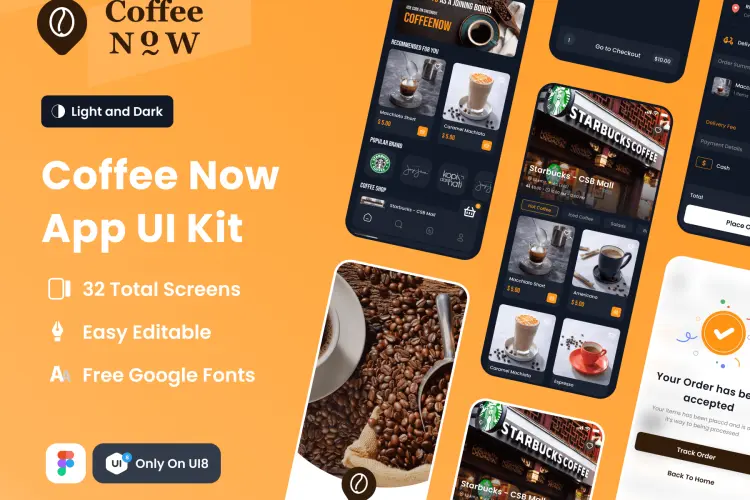 Coffee Now App UI Kit 32屏简洁时尚咖啡外卖预订app界面设计手机ui模板免费下载