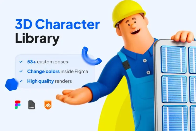 3D Character Solar Installment Figma Blender UI KIT 3D角色太阳能装置工人施工Figma和Blender UI套件