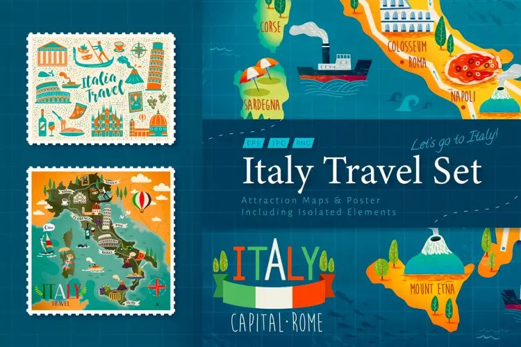 Italy Travel Set 意大利旅行游玩路线攻略旅程打卡观光地图元通矢量插图插画设计素材