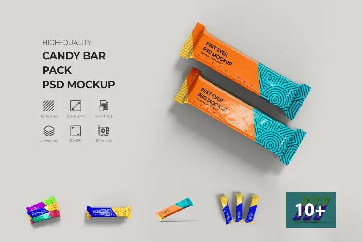 Candy Bar Flow Pack Packaging Mockup  18款逼真质感长条巧克力糖果威化饼干模型包装展示设计贴图ps样机素材模板