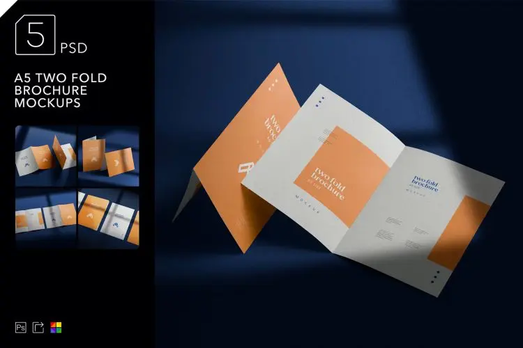 A5 Two Fold Brochure Mockups  5款A5对折页小册子模型封面封底内页展示设计贴图ps杂志样机素材模板