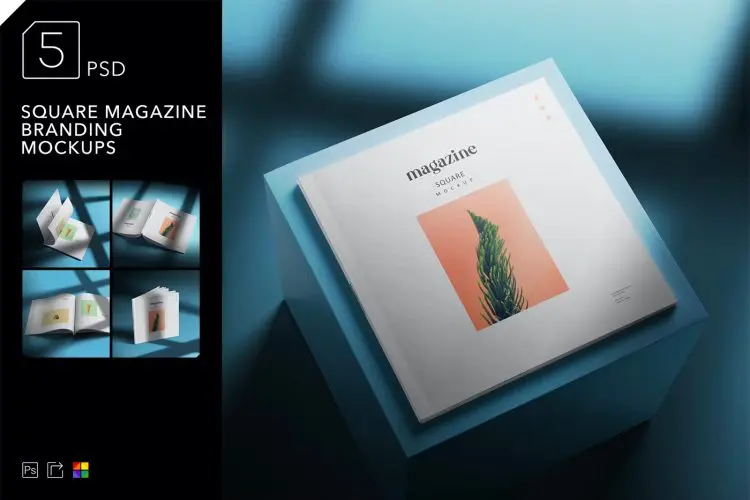 Square Magazine Branding Mockups  5款正方形杂志模型品牌营销展示封面翻页封底设计贴图ps样机素材模板