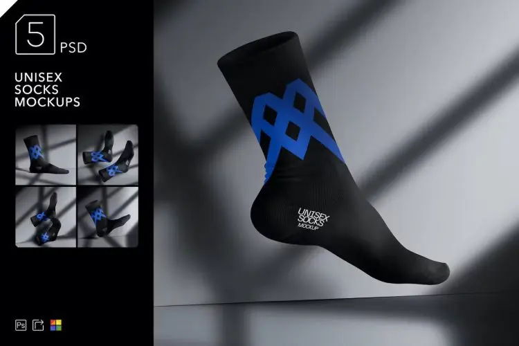 Unisex Socks Mockups 5款中帮运动袜子模型品牌logo设计贴图ps服饰样机素材模板